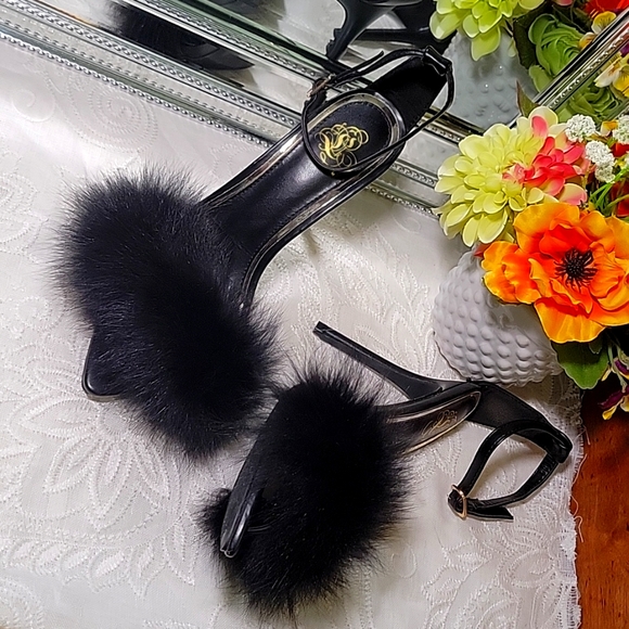 EUC!!! | Liliana | Black | Real Fox Fur | Open-Pointed Toe | Stiletto | Size 8 - Picture 1 of 5